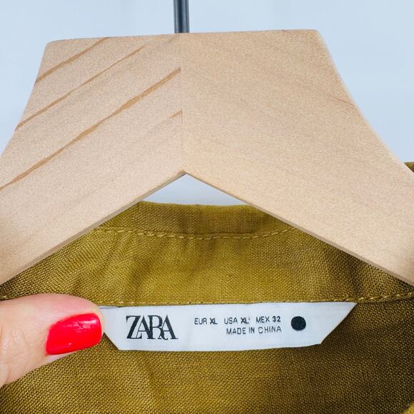 ZARA 100% Linen Button Front Shirt Mustard Yellow Long Sleeve Size XL - Picture 3 of 5